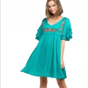 Umgee Embroidered Floral Flutter Sleeve Midi Dress
